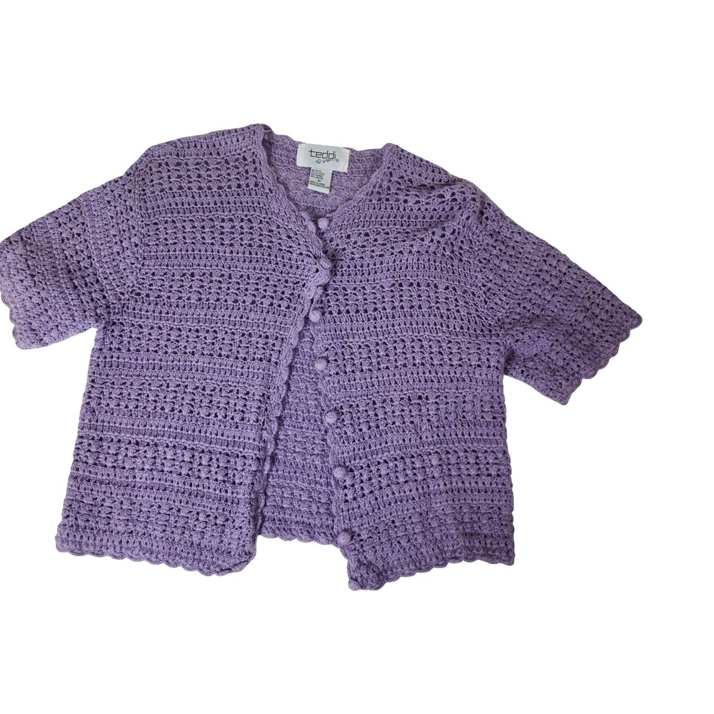 Teddi Vintage Lavender Purple Crochet Knit Short Sleeve Cardigan Sweater Medium